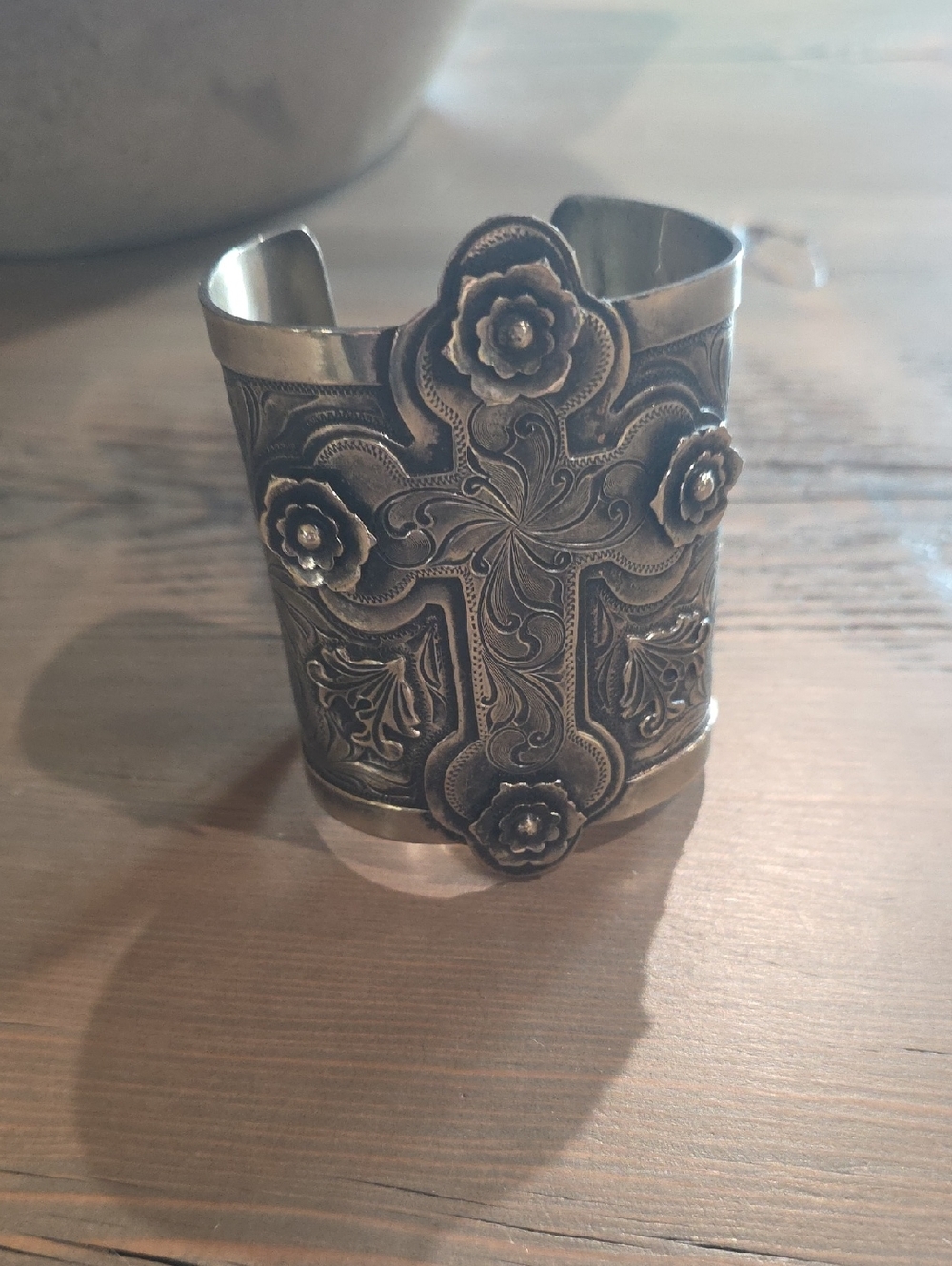 Gypsy Soule Intricate Floral Cross Silver Metal Cuff Bracelet